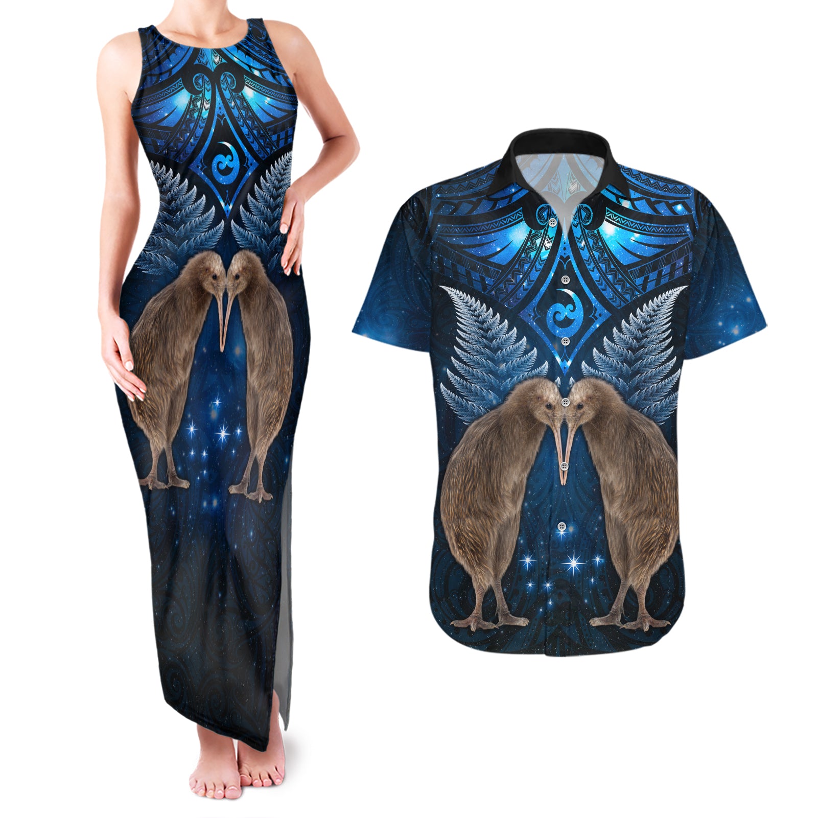 New Zealand Maori Matariki Couples Matching Tank Maxi Dress and Hawaiian Shirt Hongi Kiwi Bird and Silver Fern LT03