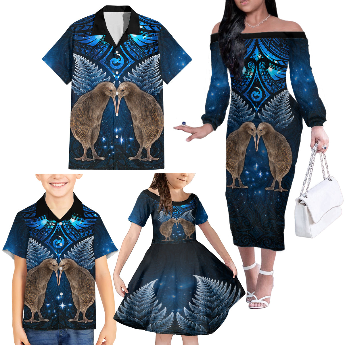 New Zealand Maori Matariki Family Matching Off The Shoulder Long Sleeve Dress and Hawaiian Shirt Hongi Kiwi Bird and Silver Fern LT03