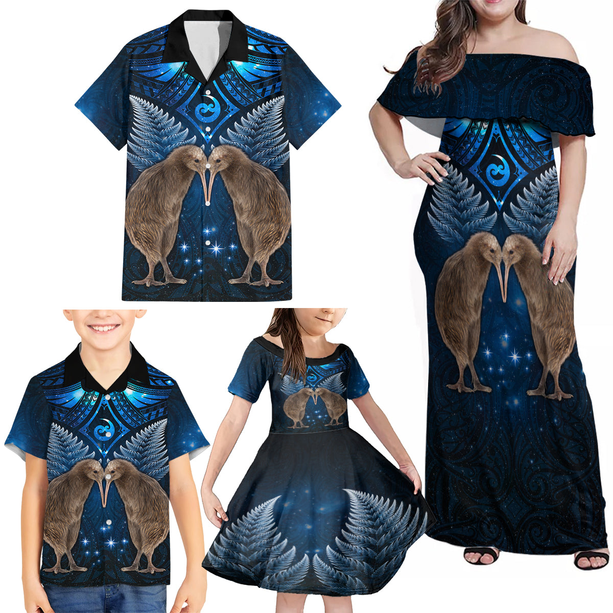 New Zealand Maori Matariki Family Matching Off Shoulder Maxi Dress and Hawaiian Shirt Hongi Kiwi Bird and Silver Fern LT03