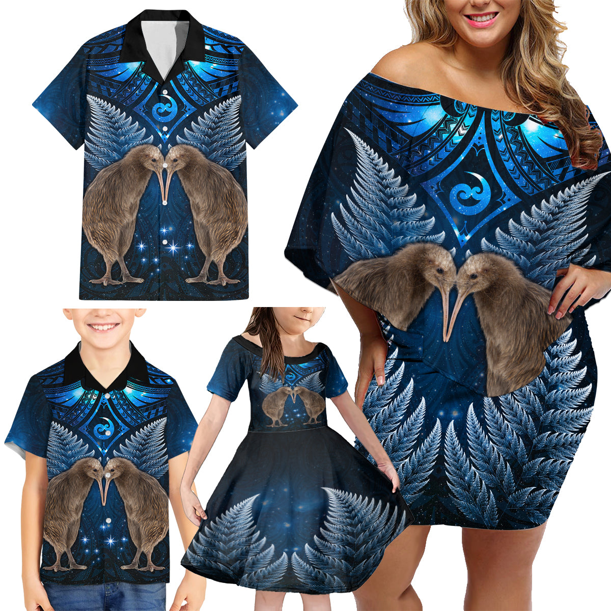 New Zealand Maori Matariki Family Matching Off Shoulder Short Dress and Hawaiian Shirt Hongi Kiwi Bird and Silver Fern LT03