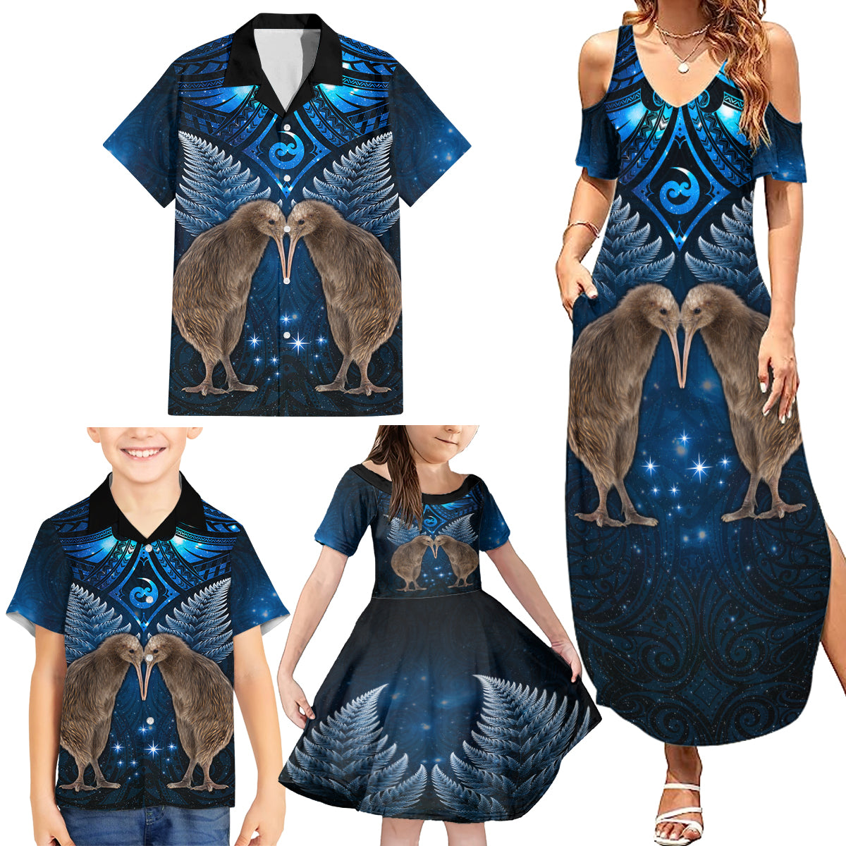 New Zealand Maori Matariki Family Matching Summer Maxi Dress and Hawaiian Shirt Hongi Kiwi Bird and Silver Fern LT03