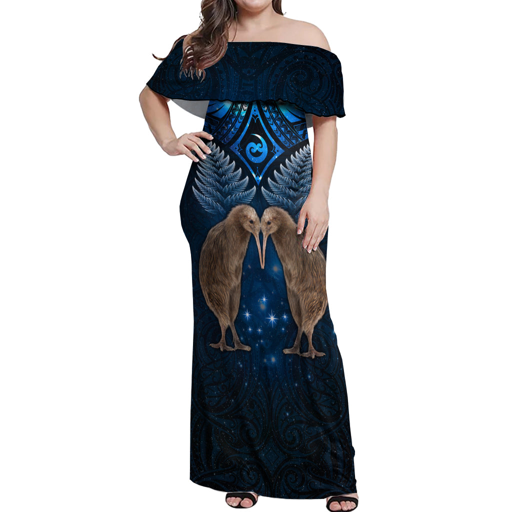 New Zealand Maori Matariki Off Shoulder Maxi Dress Hongi Kiwi Bird and Silver Fern LT03