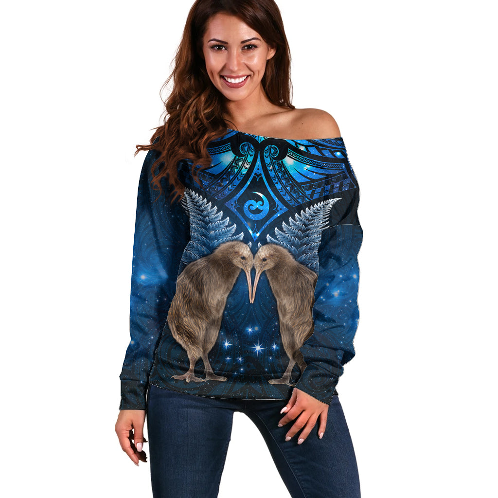 New Zealand Maori Matariki Off Shoulder Sweater Hongi Kiwi Bird and Silver Fern LT03 Women Blue - Polynesian Pride
