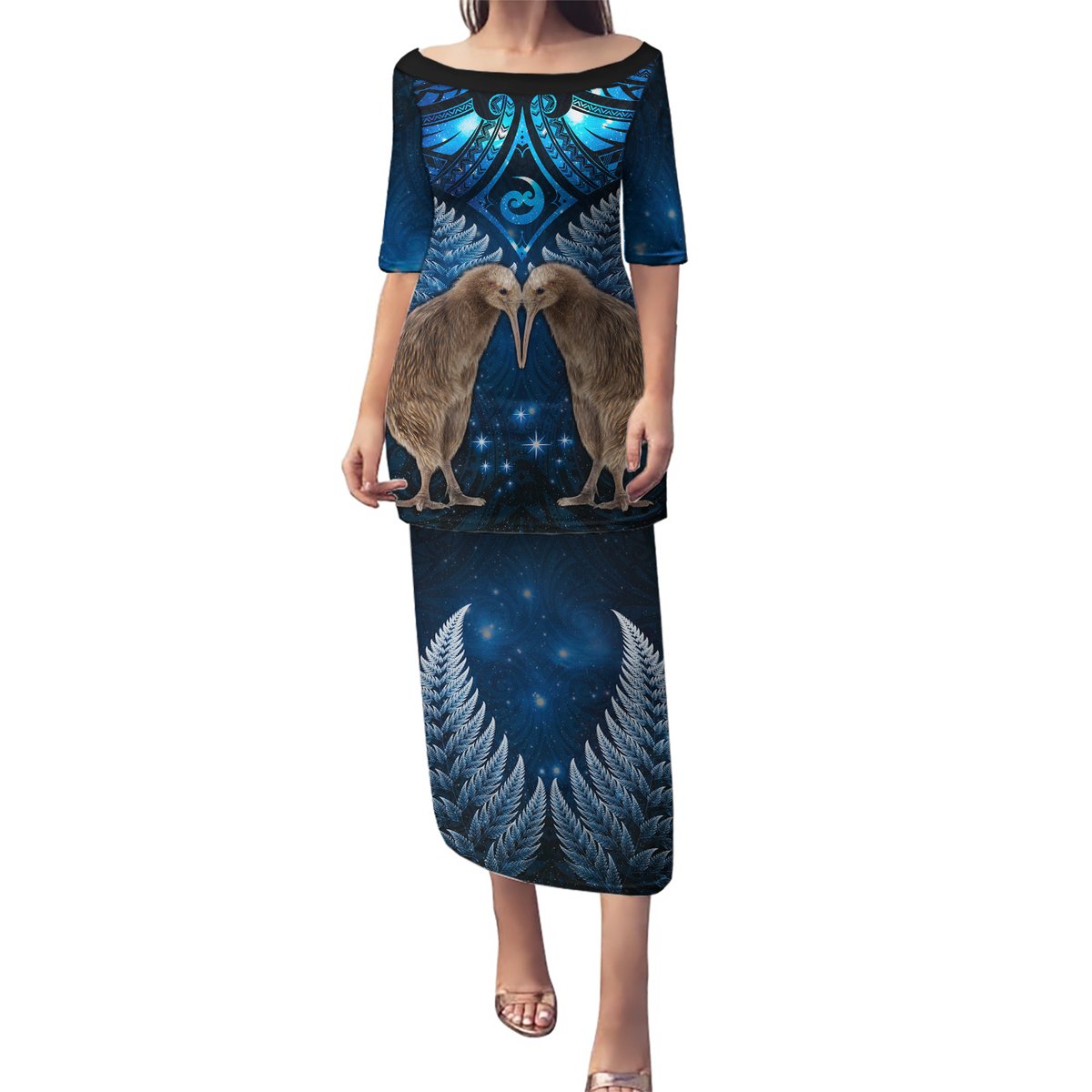 New Zealand Maori Matariki Puletasi Hongi Kiwi Bird and Silver Fern LT03 Long Dress Blue - Polynesian Pride
