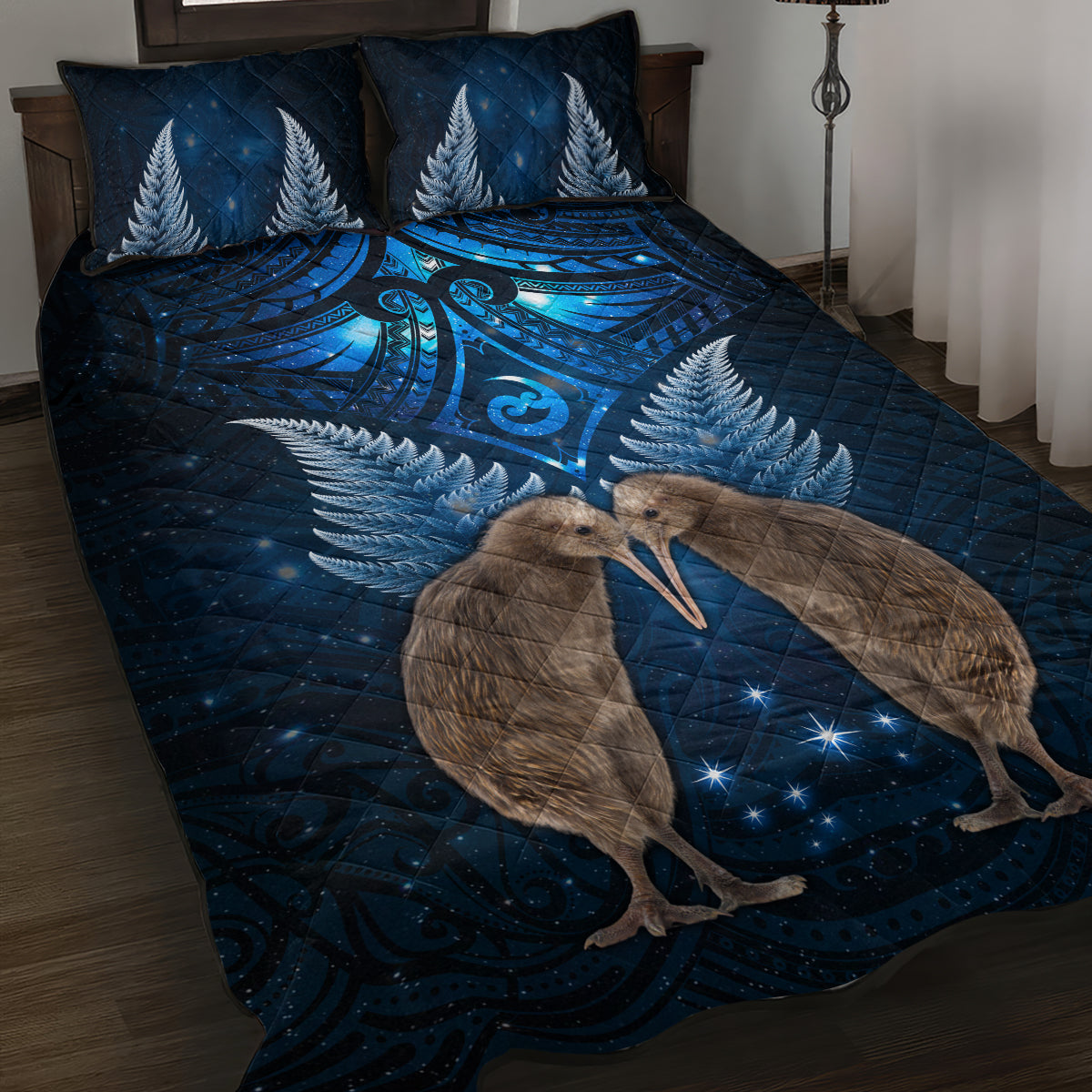 New Zealand Maori Matariki Quilt Bed Set Hongi Kiwi Bird and Silver Fern LT03 Blue - Polynesian Pride