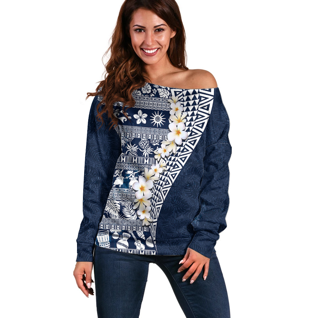 Hawaii Plumeria Tribal Vintage Off Shoulder Sweater Special Blue LT03 Women Blue - Polynesian Pride