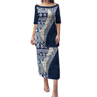 Hawaii Plumeria Tribal Vintage Puletasi Special Blue LT03 Long Dress Blue - Polynesian Pride