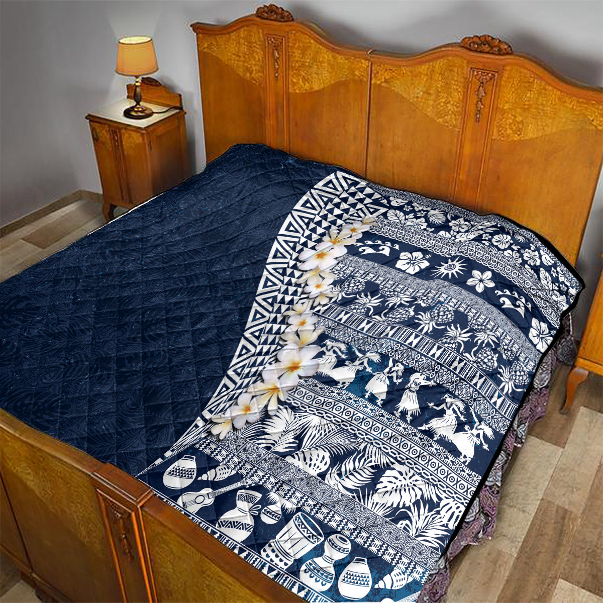 Hawaii Plumeria Tribal Vintage Quilt Special Blue LT03 - Polynesian Pride