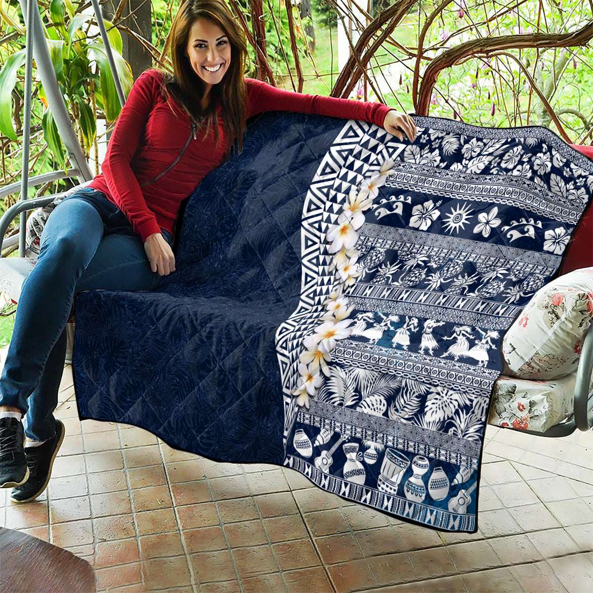 Hawaii Plumeria Tribal Vintage Quilt Special Blue LT03 - Polynesian Pride
