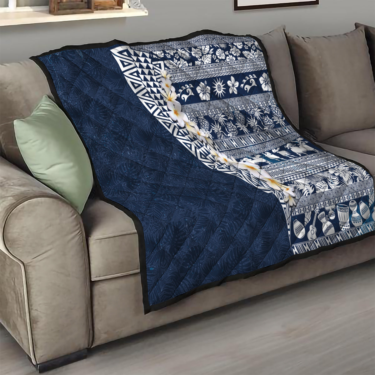 Hawaii Plumeria Tribal Vintage Quilt Special Blue LT03 - Polynesian Pride