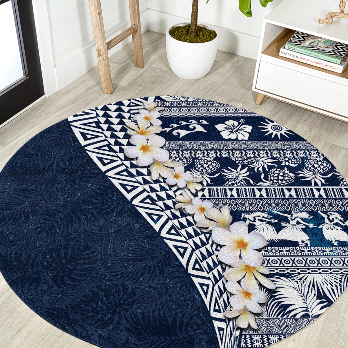Hawaii Plumeria Tribal Vintage Round Carpet Special Blue LT03 Blue - Polynesian Pride