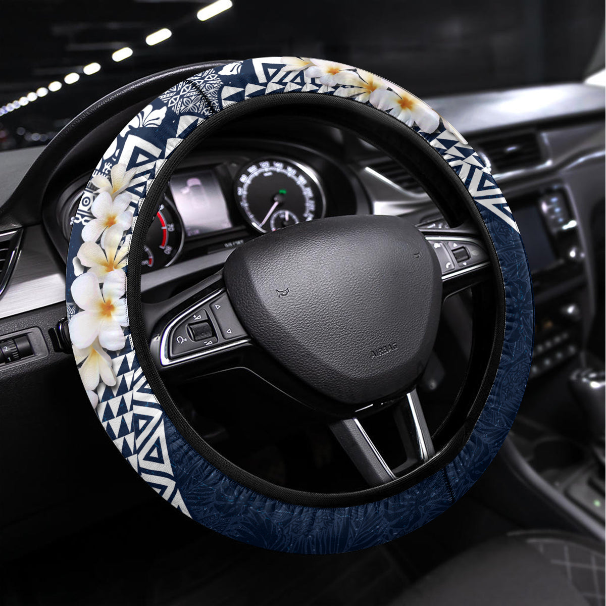 Hawaii Plumeria Tribal Vintage Steering Wheel Cover Special Blue LT03 Universal Fit Blue - Polynesian Pride