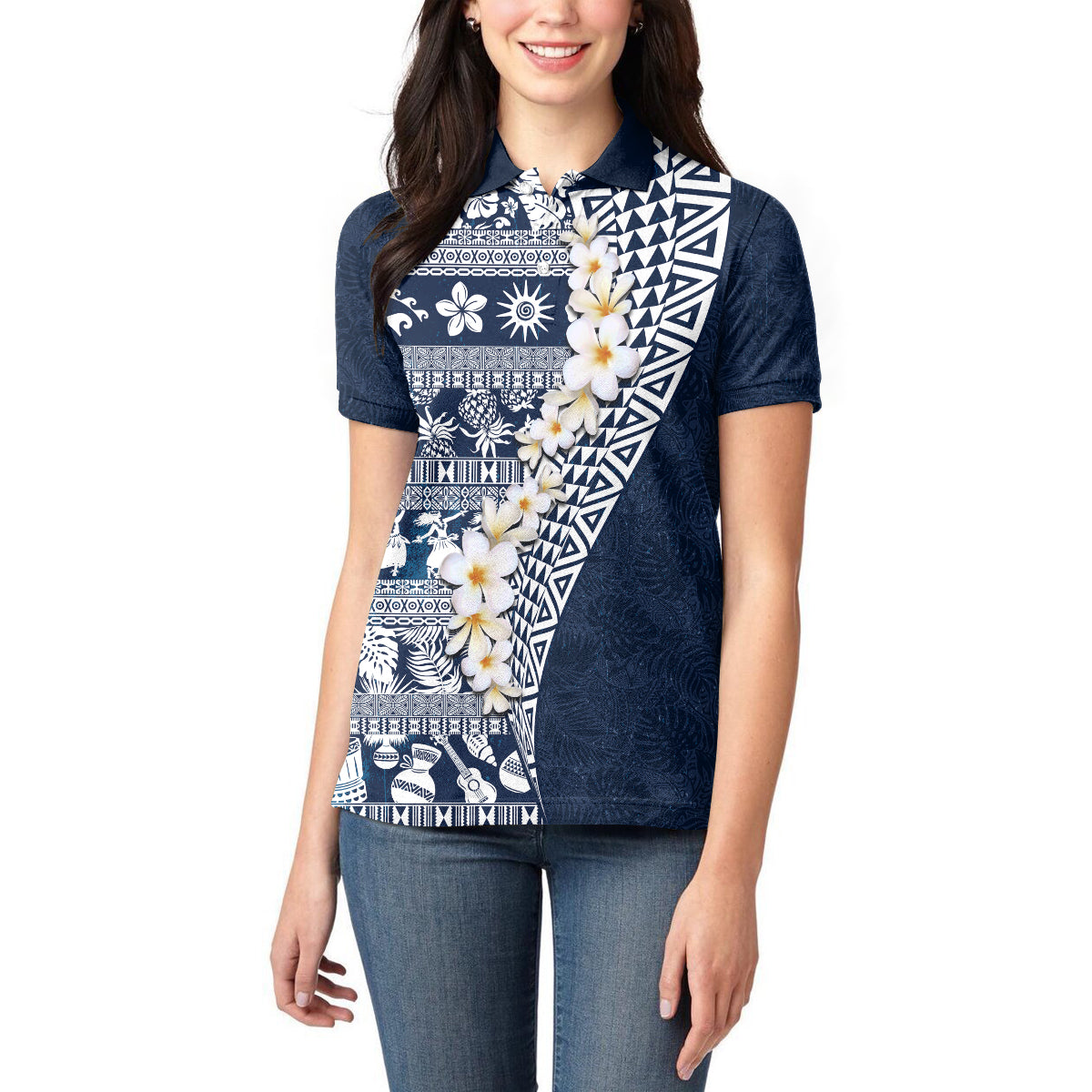 Hawaii Plumeria Tribal Vintage Women Polo Shirt Special Blue LT03 - Polynesian Pride