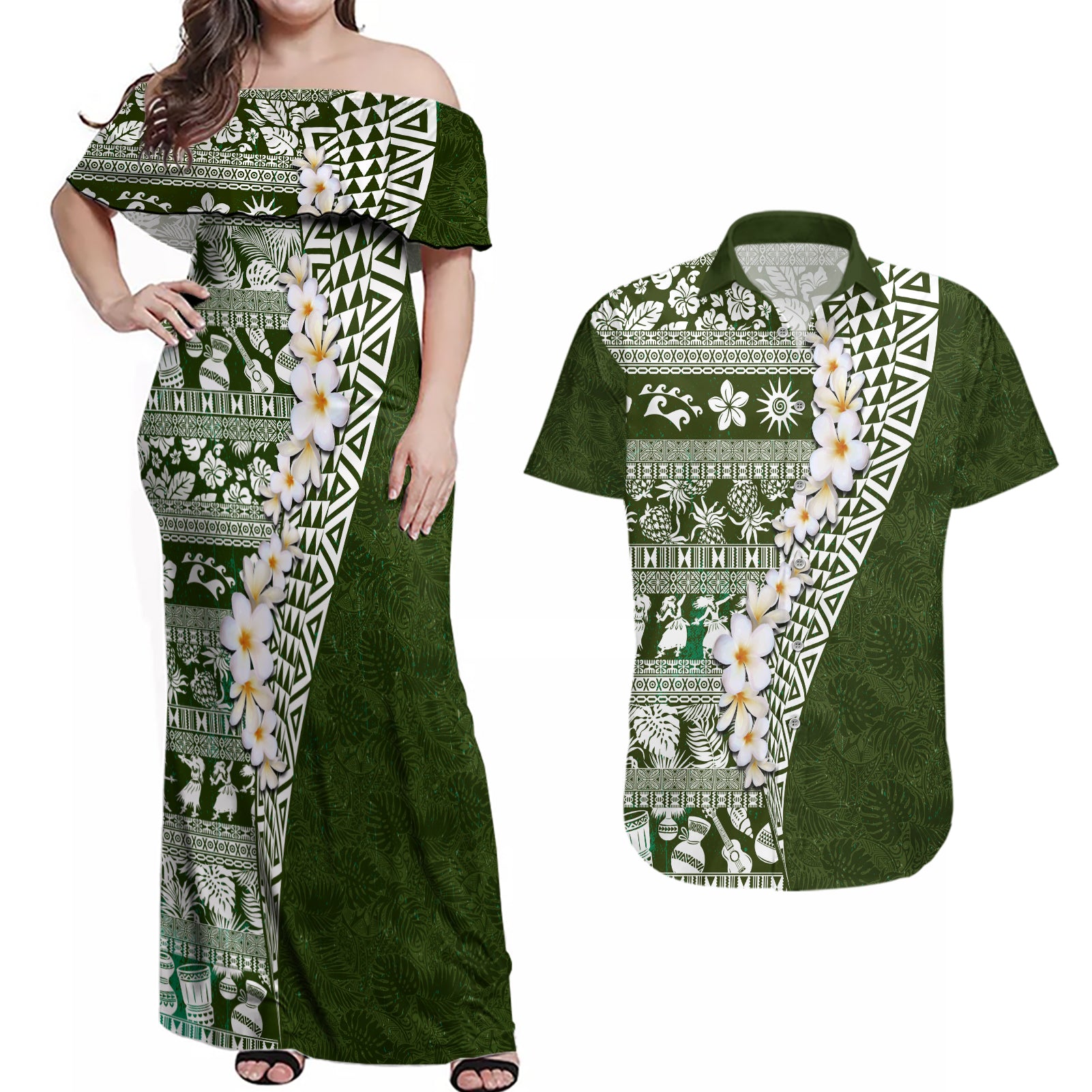 Hawaii Plumeria Tribal Vintage Couples Matching Off Shoulder Maxi Dress and Hawaiian Shirt Special Green