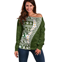 Hawaii Plumeria Tribal Vintage Off Shoulder Sweater Special Green LT03 Women Green - Polynesian Pride