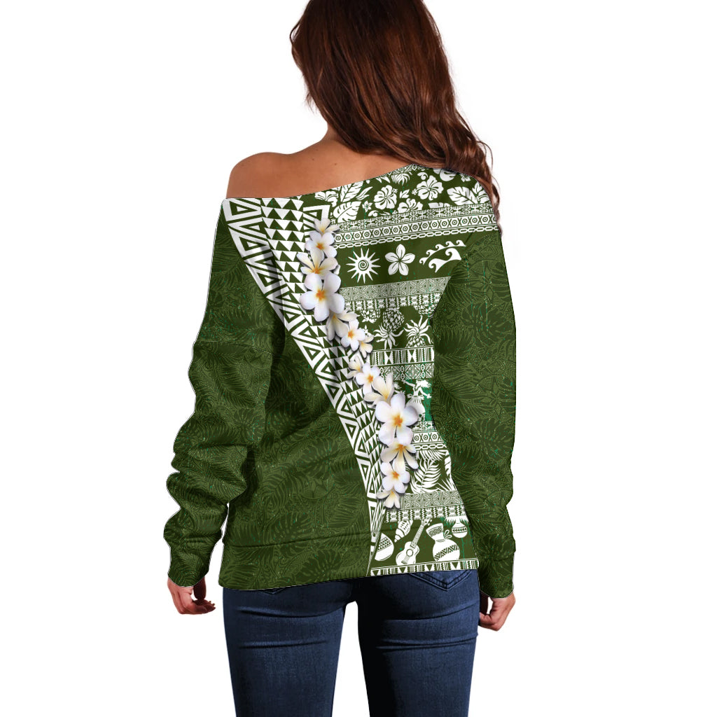 Hawaii Plumeria Tribal Vintage Off Shoulder Sweater Special Green LT03 - Polynesian Pride