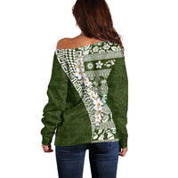 Hawaii Plumeria Tribal Vintage Off Shoulder Sweater Special Green LT03 - Polynesian Pride