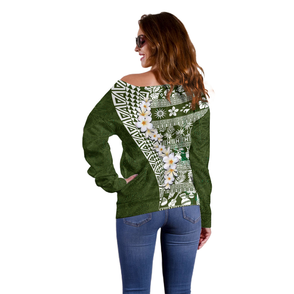 Hawaii Plumeria Tribal Vintage Off Shoulder Sweater Special Green LT03 - Polynesian Pride