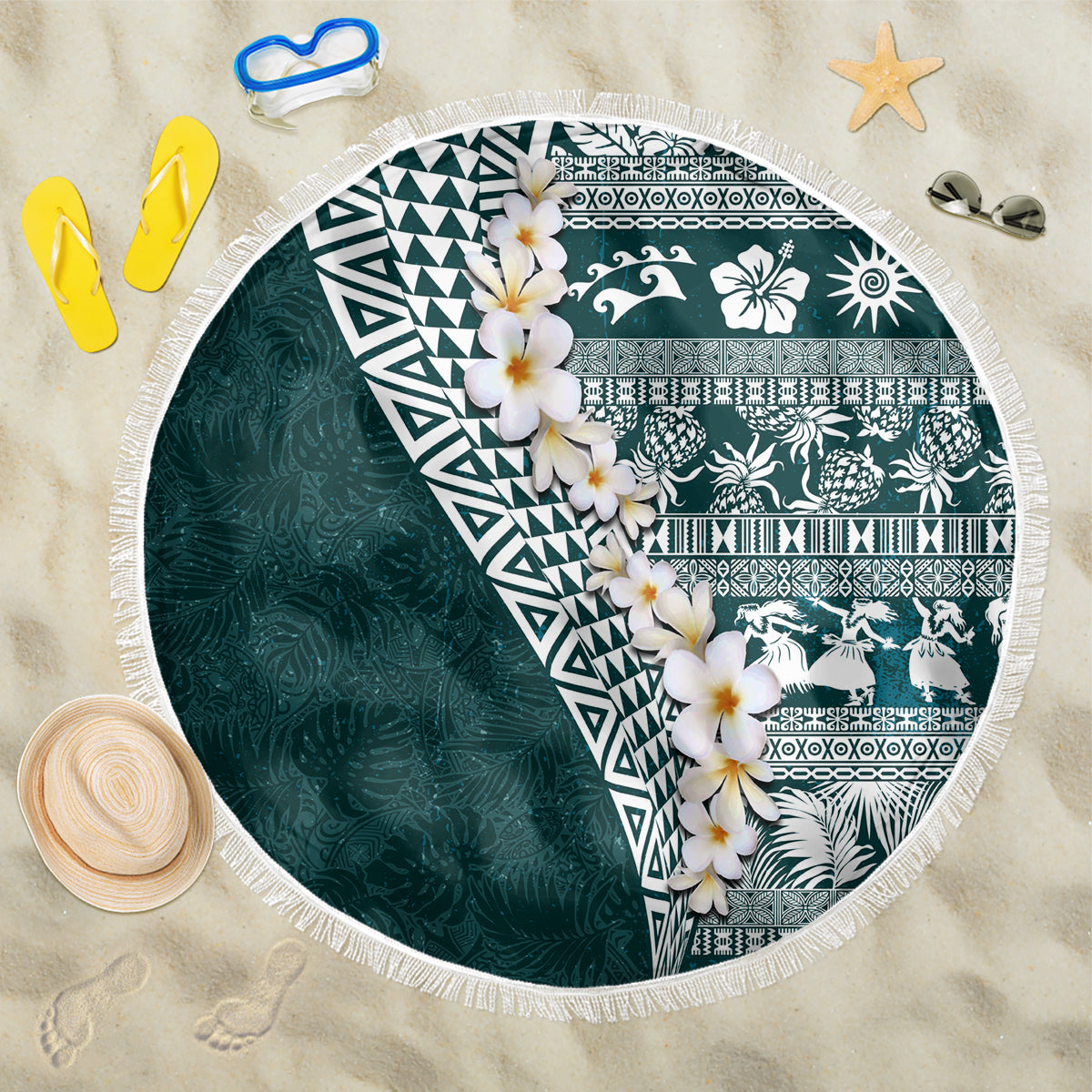 Hawaii Plumeria Tribal Vintage Beach Blanket Special Turquoise LT03 One Size 150cm Turquoise - Polynesian Pride