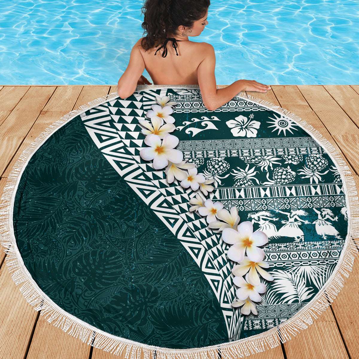 Hawaii Plumeria Tribal Vintage Beach Blanket Special Turquoise LT03 - Polynesian Pride