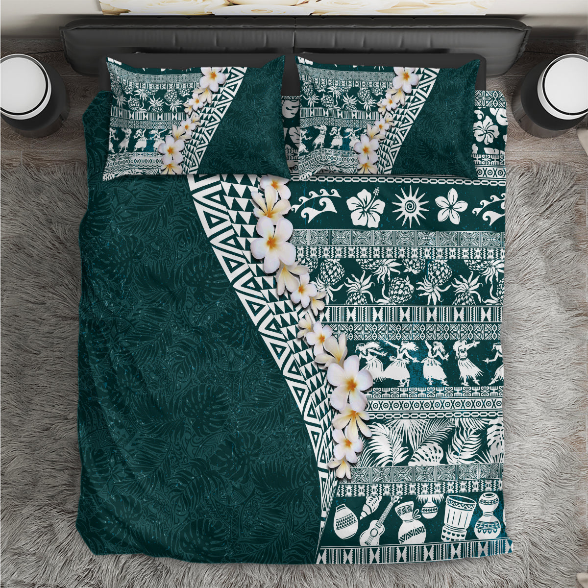 Hawaii Plumeria Tribal Vintage Bedding Set Special Turquoise