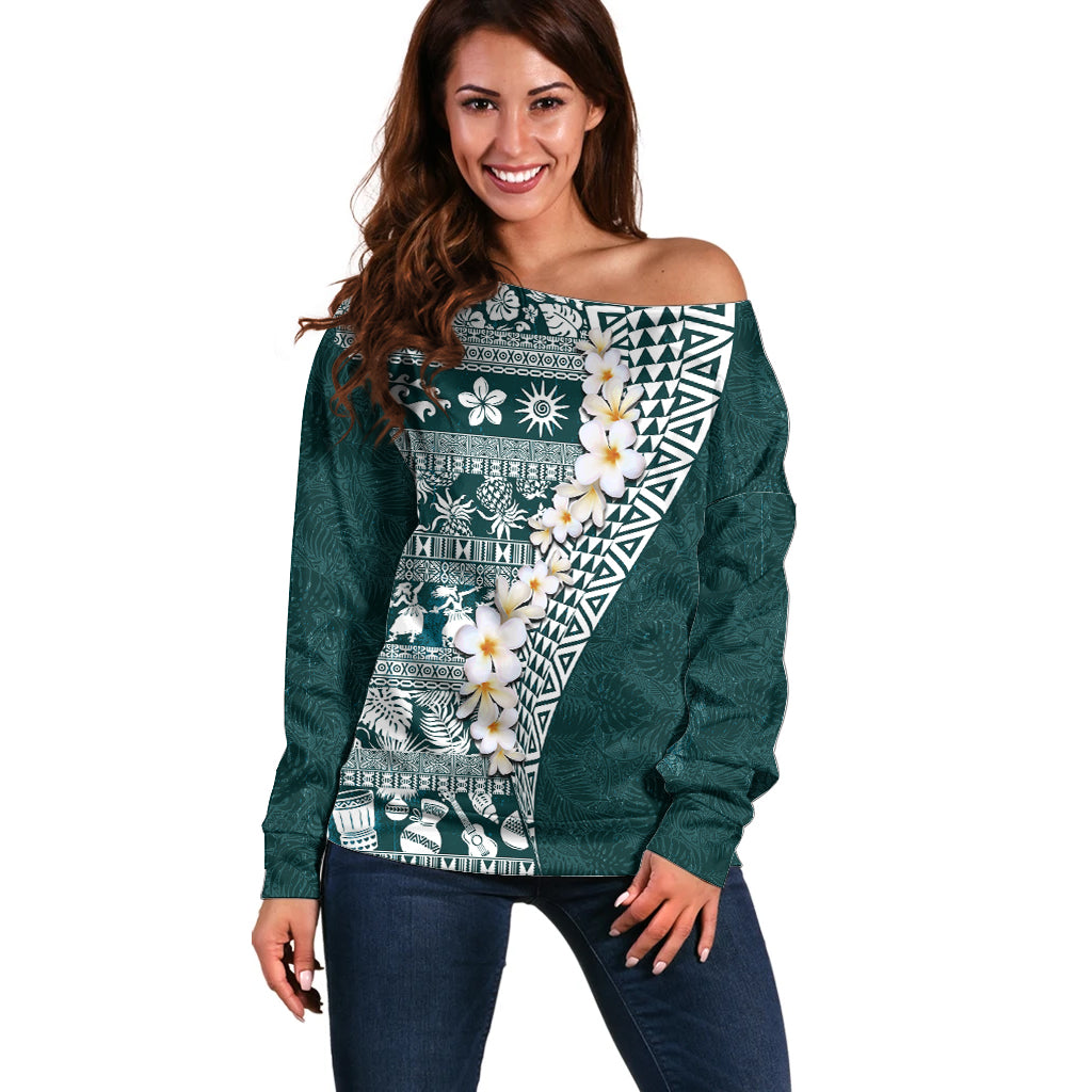 Hawaii Plumeria Tribal Vintage Off Shoulder Sweater Special Turquoise LT03 Women Turquoise - Polynesian Pride