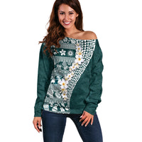 Hawaii Plumeria Tribal Vintage Off Shoulder Sweater Special Turquoise LT03 Women Turquoise - Polynesian Pride