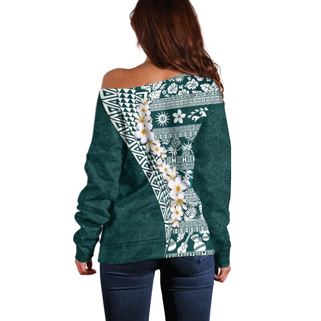Hawaii Plumeria Tribal Vintage Off Shoulder Sweater Special Turquoise LT03 - Polynesian Pride