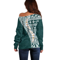 Hawaii Plumeria Tribal Vintage Off Shoulder Sweater Special Turquoise LT03 - Polynesian Pride