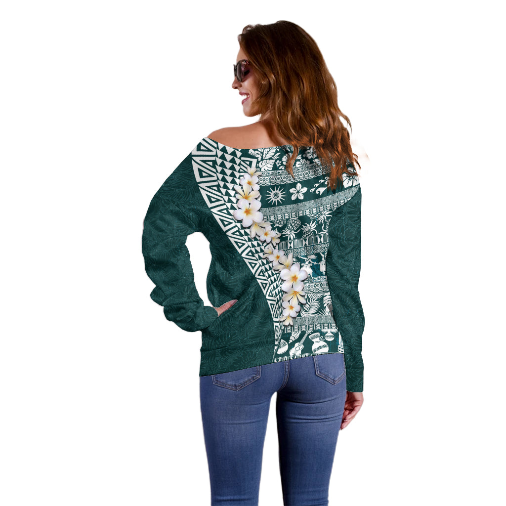 Hawaii Plumeria Tribal Vintage Off Shoulder Sweater Special Turquoise LT03 - Polynesian Pride