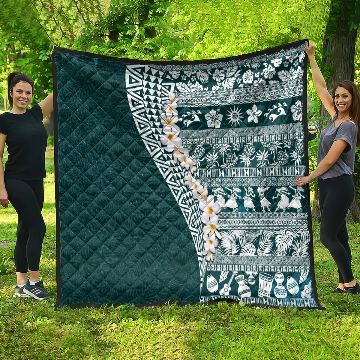 Hawaii Plumeria Tribal Vintage Quilt Special Turquoise LT03 - Polynesian Pride