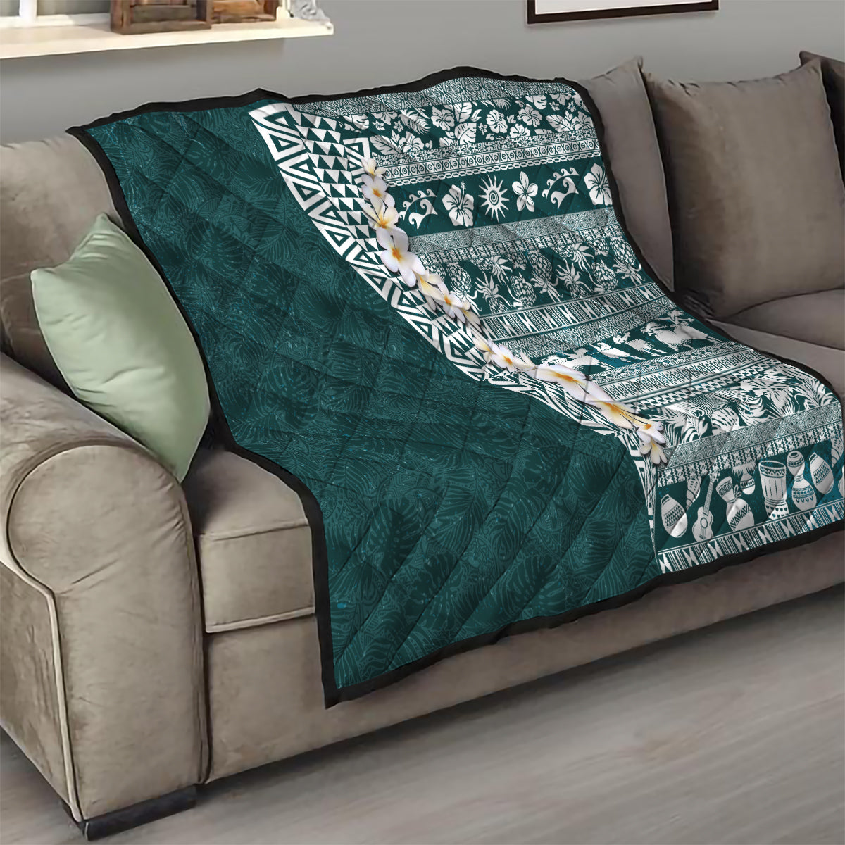 Hawaii Plumeria Tribal Vintage Quilt Special Turquoise LT03 - Polynesian Pride
