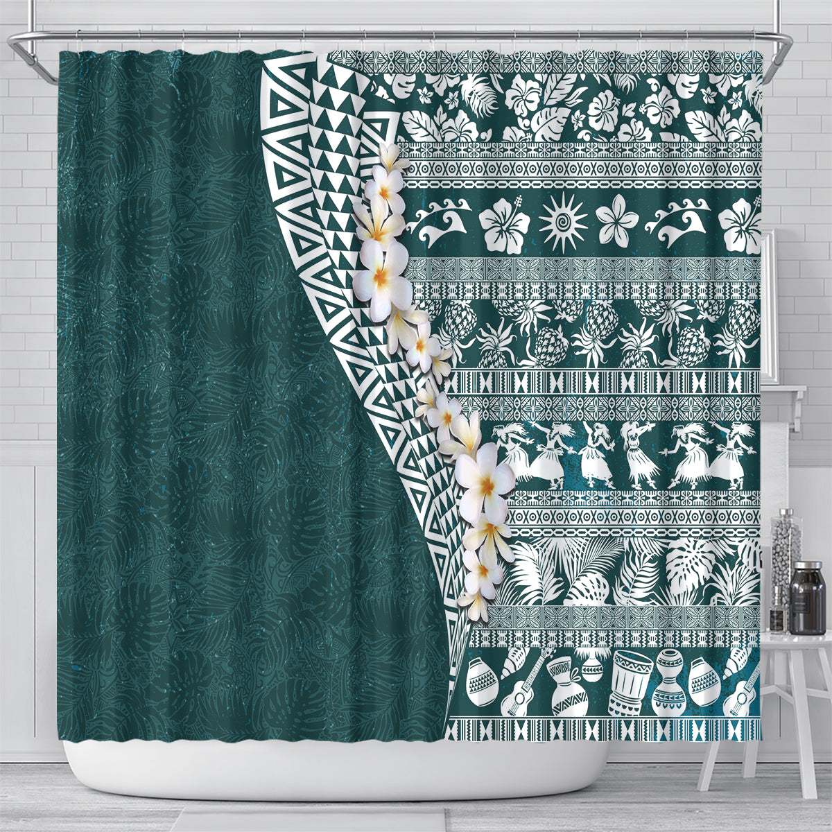 Hawaii Plumeria Tribal Vintage Shower Curtain Special Turquoise LT03 - Polynesian Pride