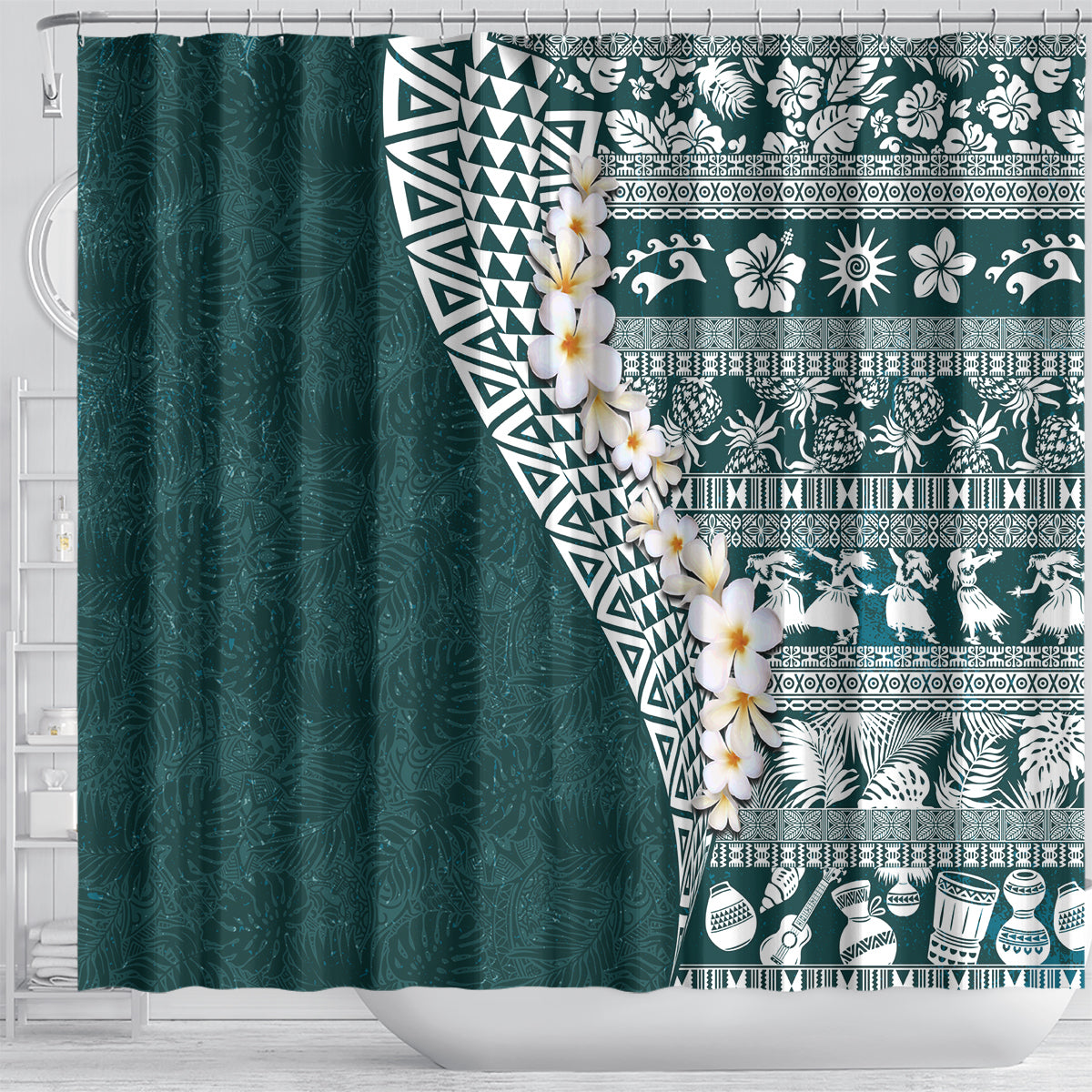 Hawaii Plumeria Tribal Vintage Shower Curtain Special Turquoise LT03 - Polynesian Pride