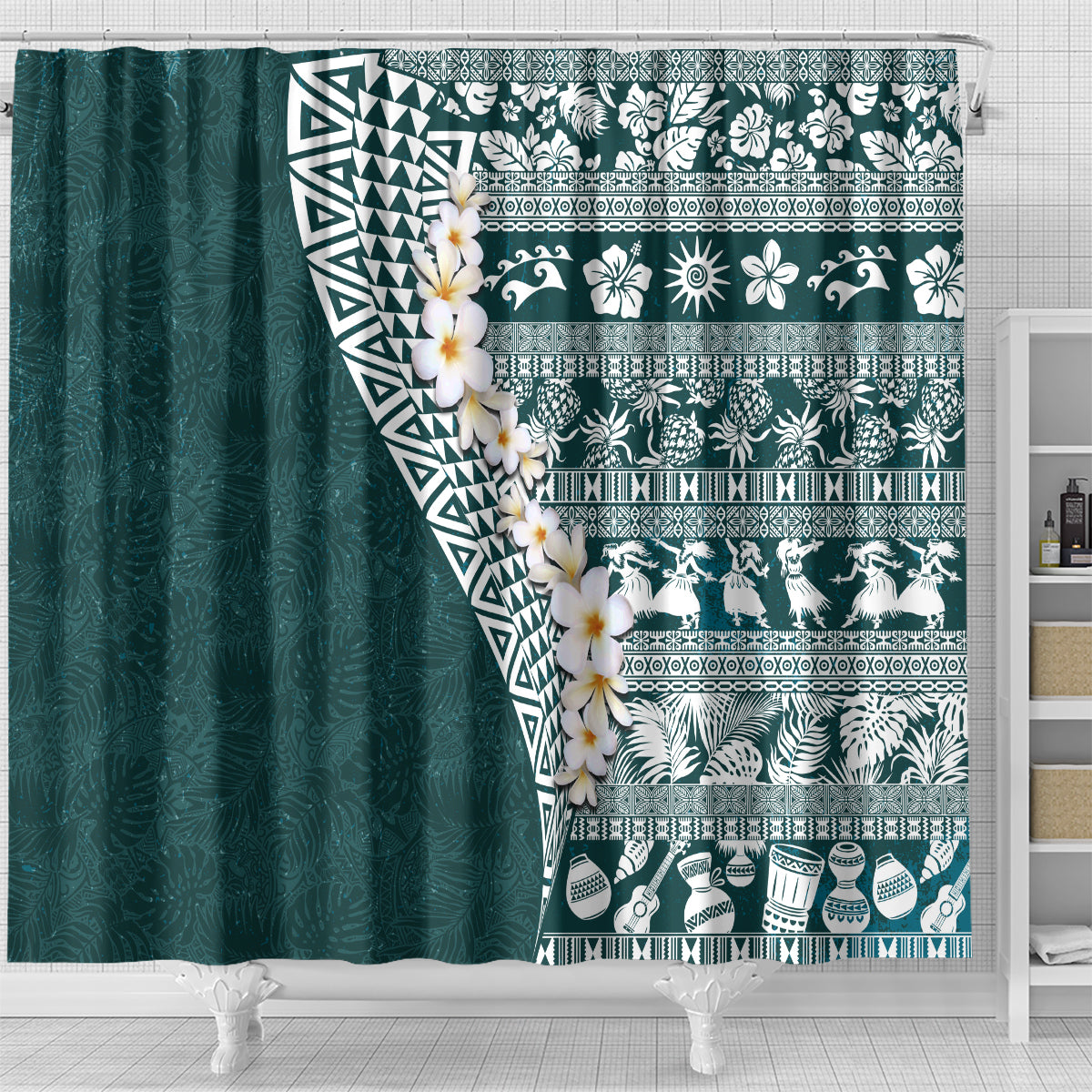 Hawaii Plumeria Tribal Vintage Shower Curtain Special Turquoise LT03 - Polynesian Pride