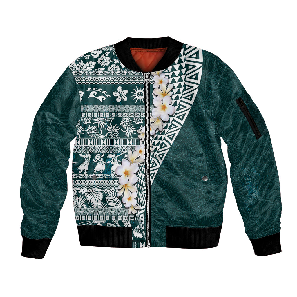 Hawaii Plumeria Tribal Vintage Sleeve Zip Bomber Jacket Special Turquoise LT03 Unisex Turquoise - Polynesian Pride
