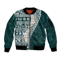 Hawaii Plumeria Tribal Vintage Sleeve Zip Bomber Jacket Special Turquoise LT03 Unisex Turquoise - Polynesian Pride