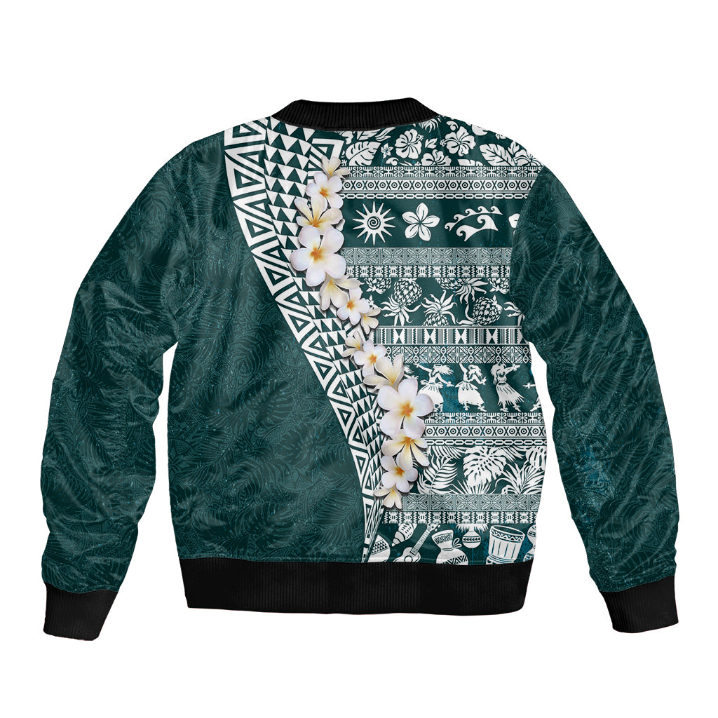 Hawaii Plumeria Tribal Vintage Sleeve Zip Bomber Jacket Special Turquoise LT03 - Polynesian Pride