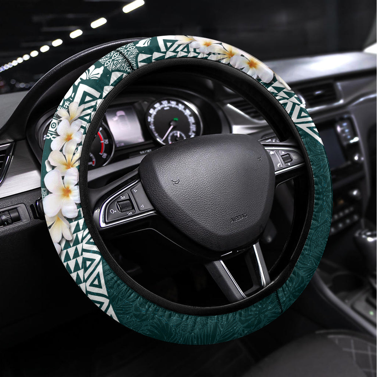 Hawaii Plumeria Tribal Vintage Steering Wheel Cover Special Turquoise LT03 Universal Fit Turquoise - Polynesian Pride