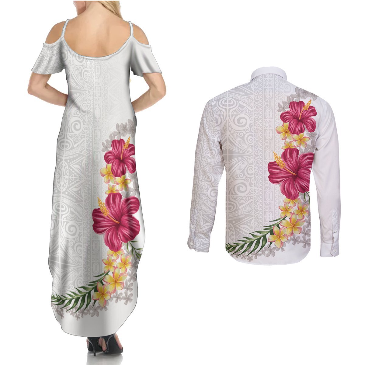 Hawaiian Plumeria and Hibiscus Couples Matching Summer Maxi Dress and Long Sleeve Button Shirt White Mode LT03 - Polynesian Pride