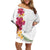 Hawaiian Plumeria and Hibiscus Family Matching Off Shoulder Short Dress and Hawaiian Shirt White Mode