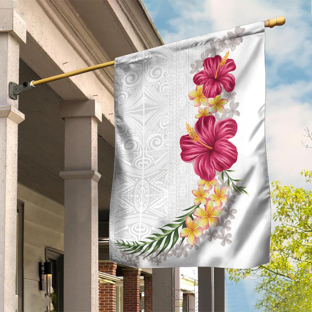 Hawaiian Plumeria and Hibiscus Garden Flag White Mode LT03 House Flag White - Polynesian Pride