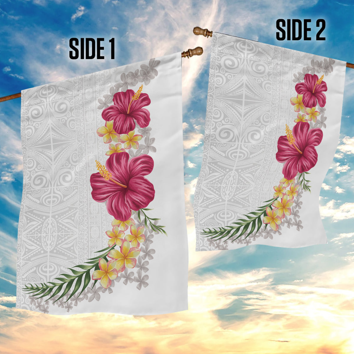 Hawaiian Plumeria and Hibiscus Garden Flag White Mode LT03 - Polynesian Pride