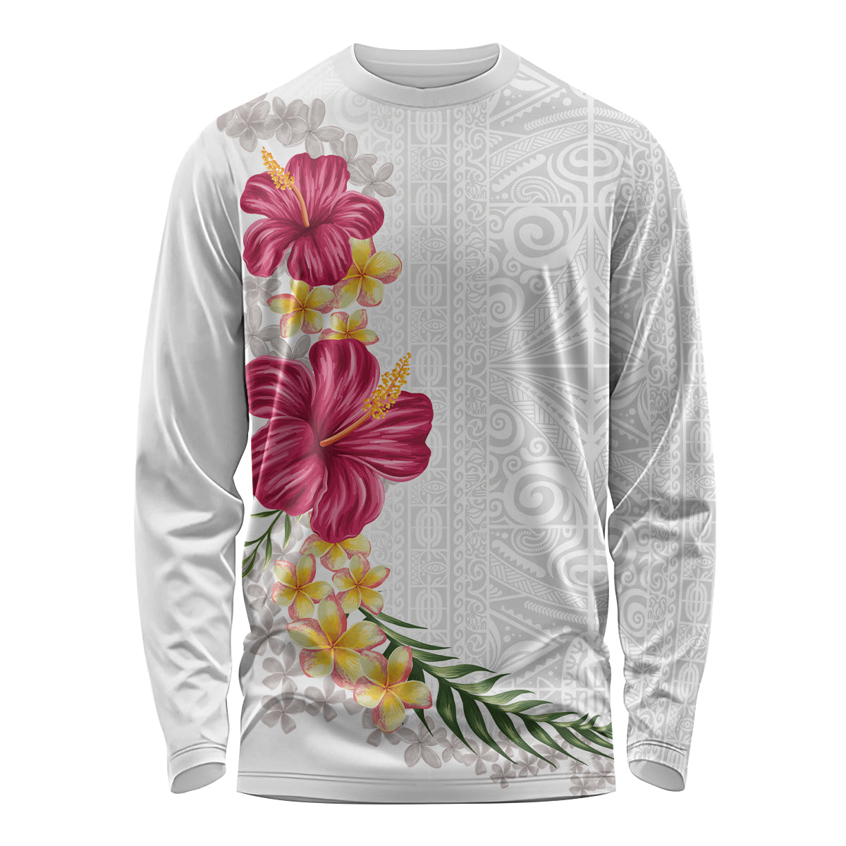 Hawaiian Plumeria and Hibiscus Long Sleeve Shirt White Mode LT03 Unisex White - Polynesian Pride