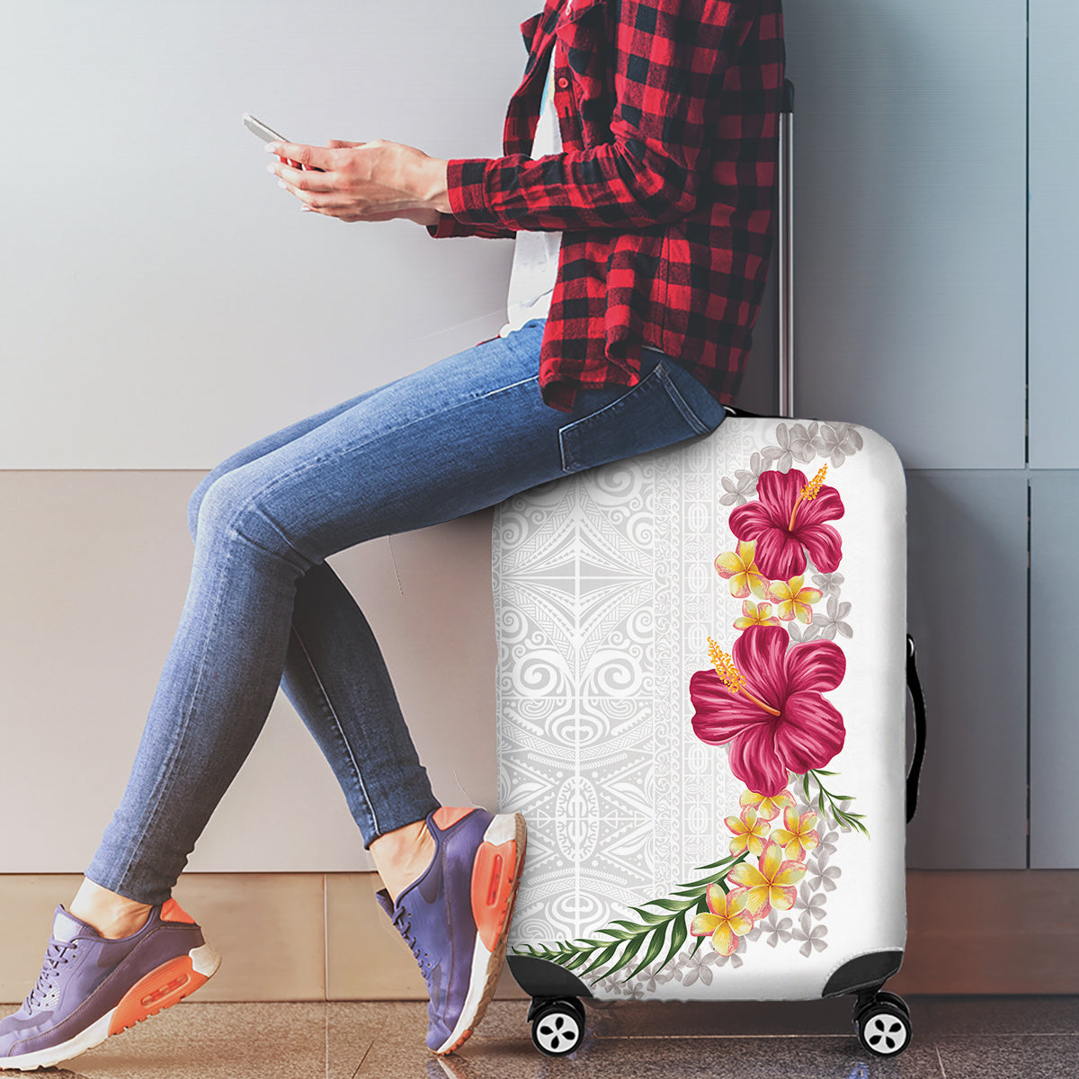 Hawaiian Plumeria and Hibiscus Luggage Cover White Mode LT03 - Polynesian Pride