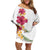 Hawaiian Plumeria and Hibiscus Off Shoulder Short Dress White Mode