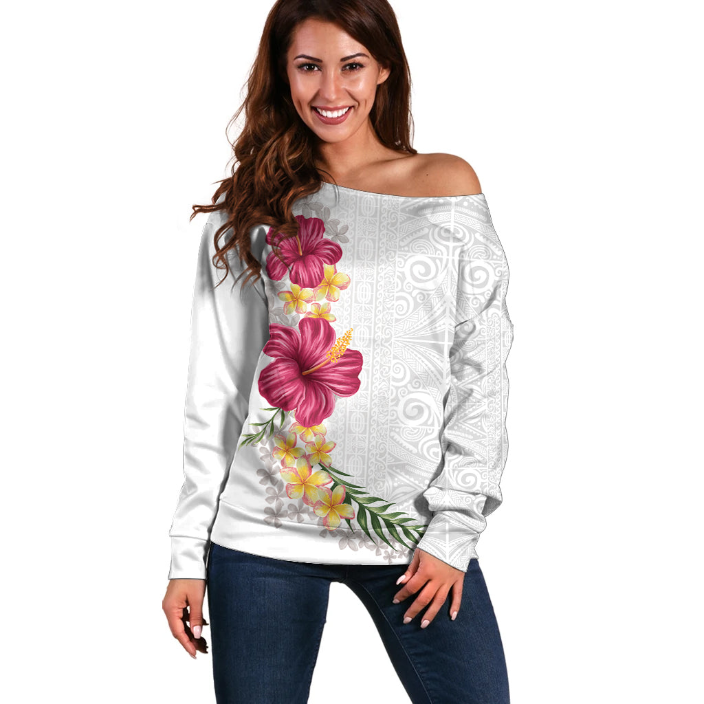 Hawaiian Plumeria and Hibiscus Off Shoulder Sweater White Mode LT03 Women White - Polynesian Pride