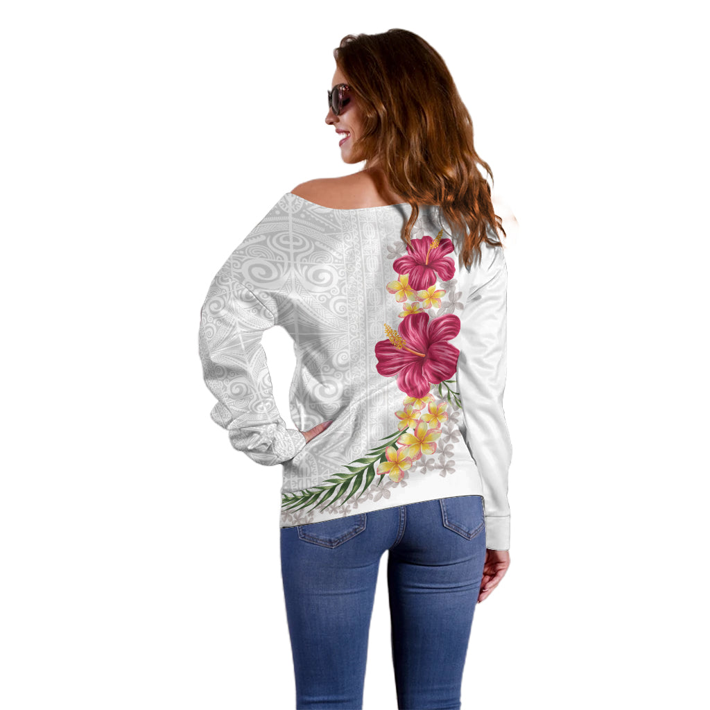 Hawaiian Plumeria and Hibiscus Off Shoulder Sweater White Mode LT03 - Polynesian Pride