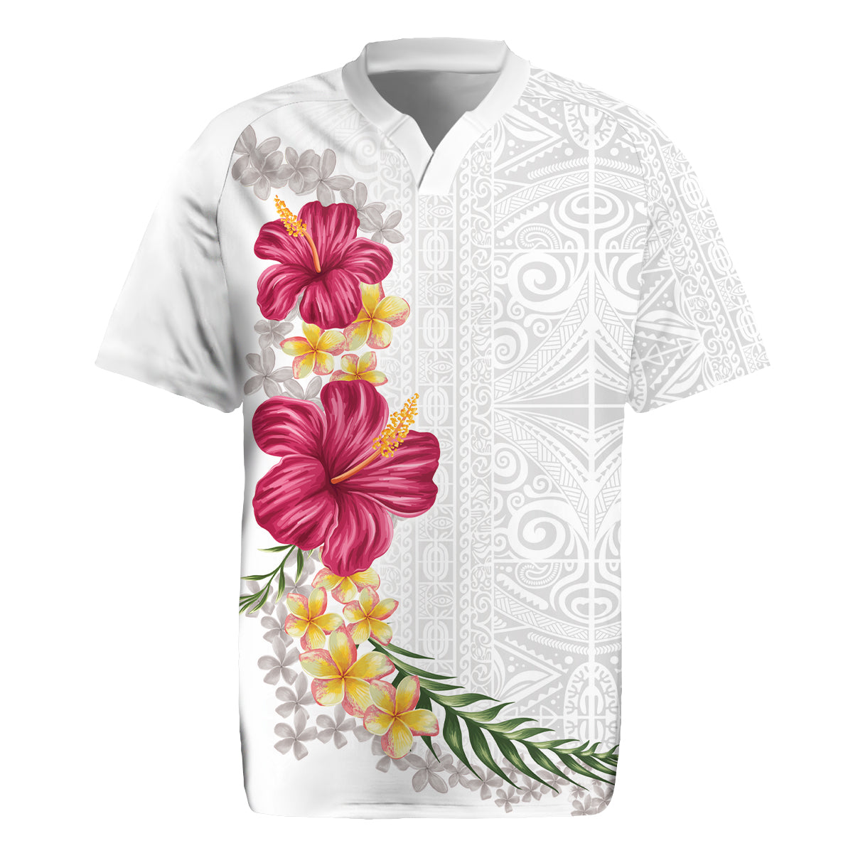 Hawaiian Plumeria and Hibiscus Rugby Jersey White Mode LT03 White - Polynesian Pride