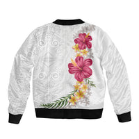 Hawaiian Plumeria and Hibiscus Sleeve Zip Bomber Jacket White Mode LT03 - Polynesian Pride